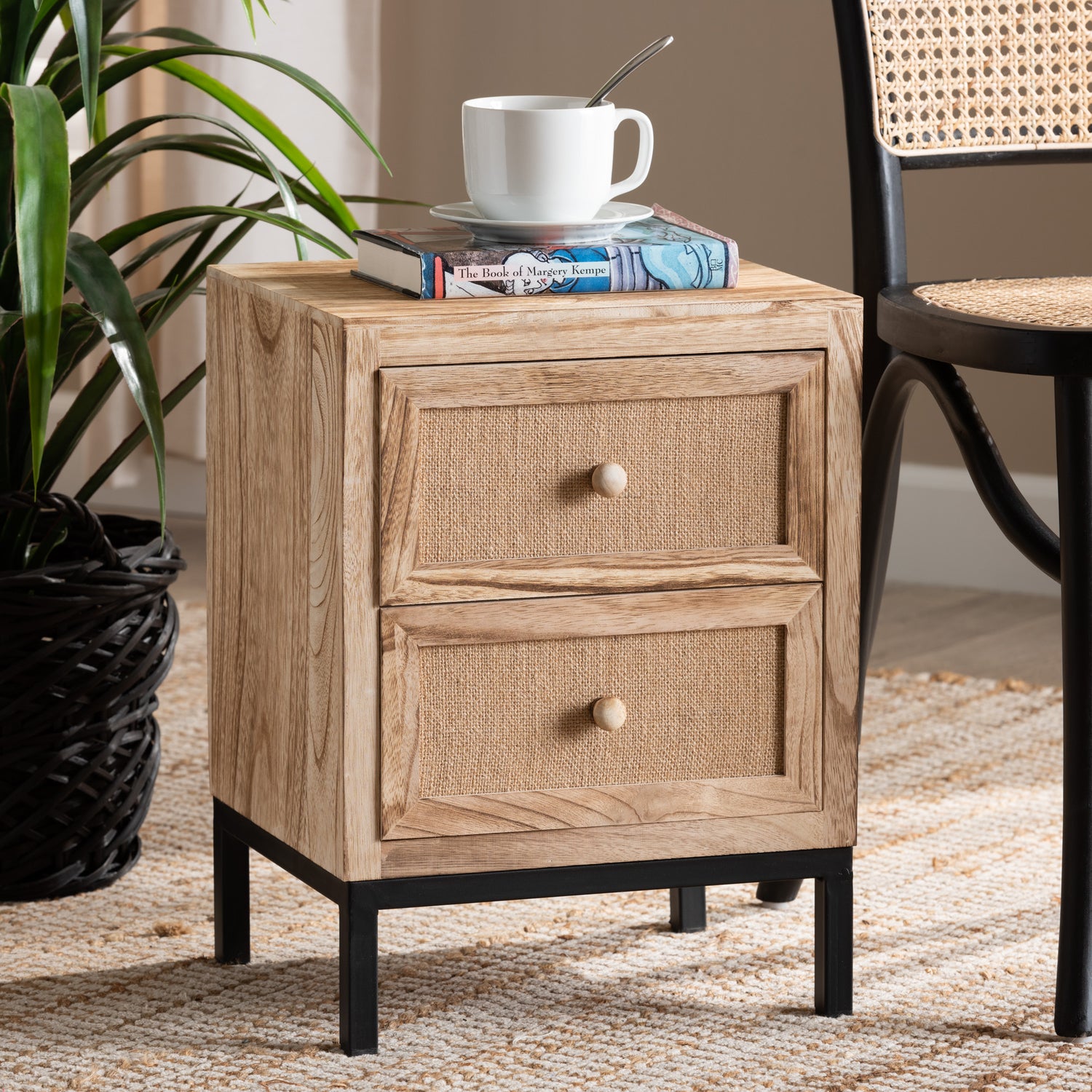 Lalette End Table - Mid-Century Modern Design in Oak Brown Wood and Black Metal with 2 Storage Drawers