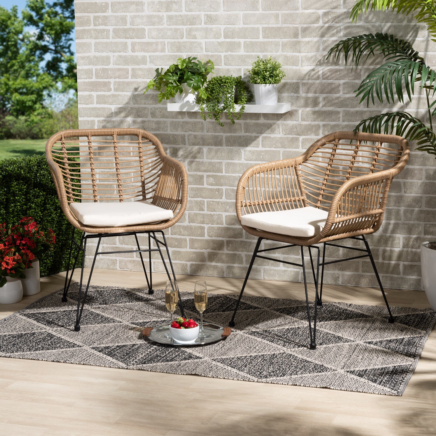 Giorgia Patio Chair Set - Modern 2-Piece Beige Fabric and Brown Synthetic Rattan Outdoor Seating