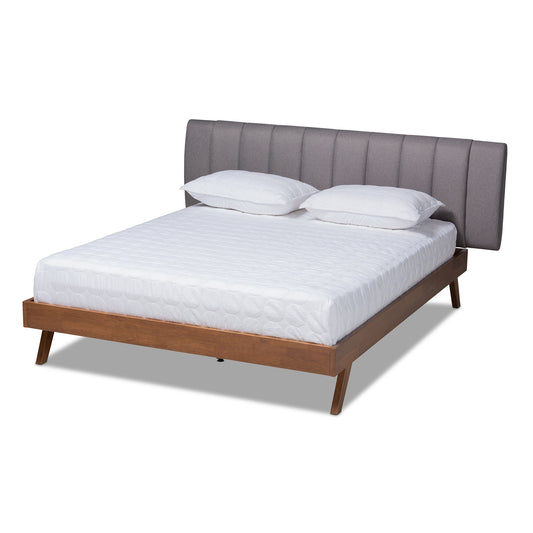 Brita Mid-Century Modern Grey Fabric Upholstered Walnut Finished Wood Bed