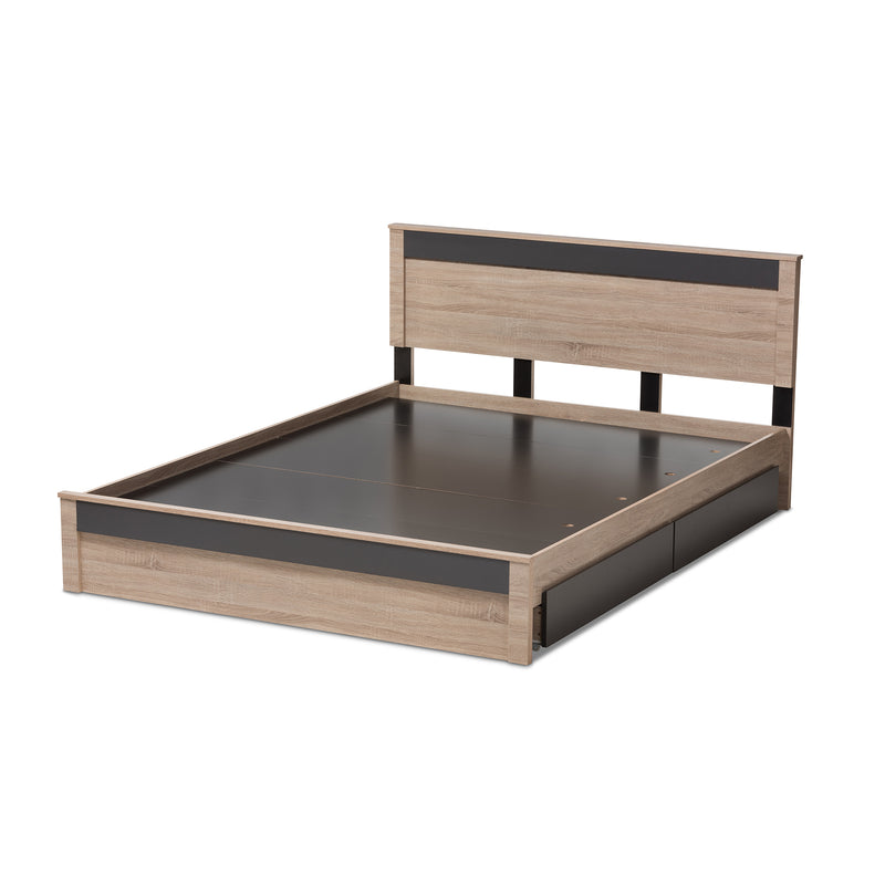 Jamie Queen Size Storage Platform Bed - Modern Two-Tone Oak and Grey Wood with 2 Drawers for Enhanced Organization and Style