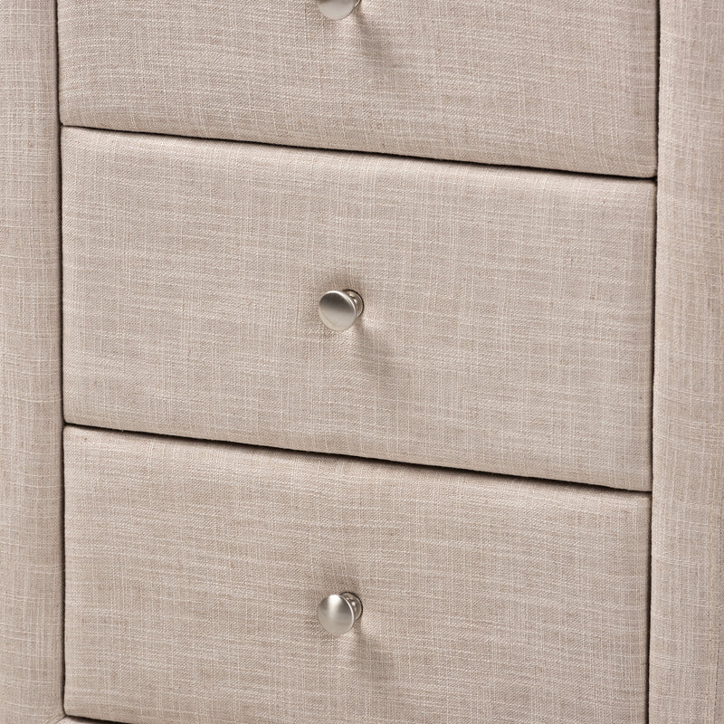 Tessa Nightstand - Modern and Contemporary Beige Fabric Upholstered 3-Drawer