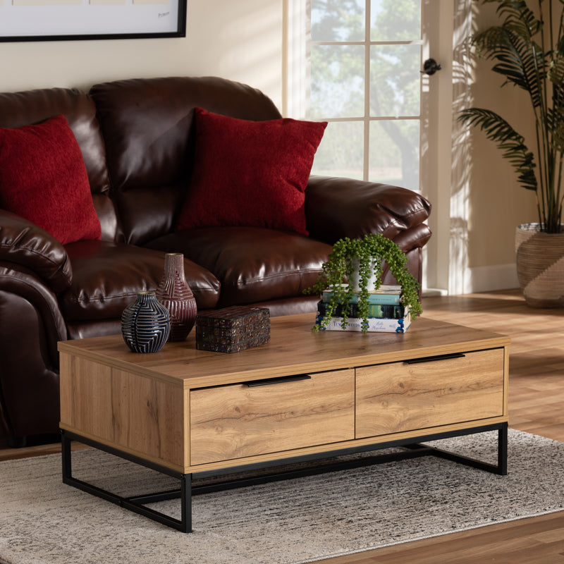 Franklin Coffee Table - Modern Contemporary Design with Oak Brown Wood and Black Metal, Featuring 2 Storage Drawers