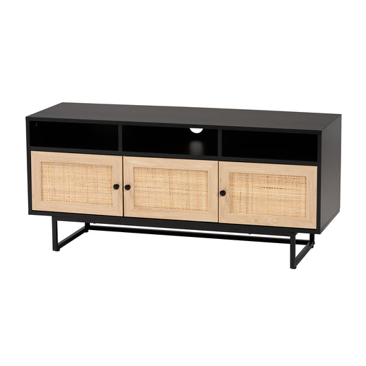 Declan TV Stand Mid-Century Modern Espresso Brown Wood with Natural Rattan Featuring 3 Doors for Stylish Storage and Organization