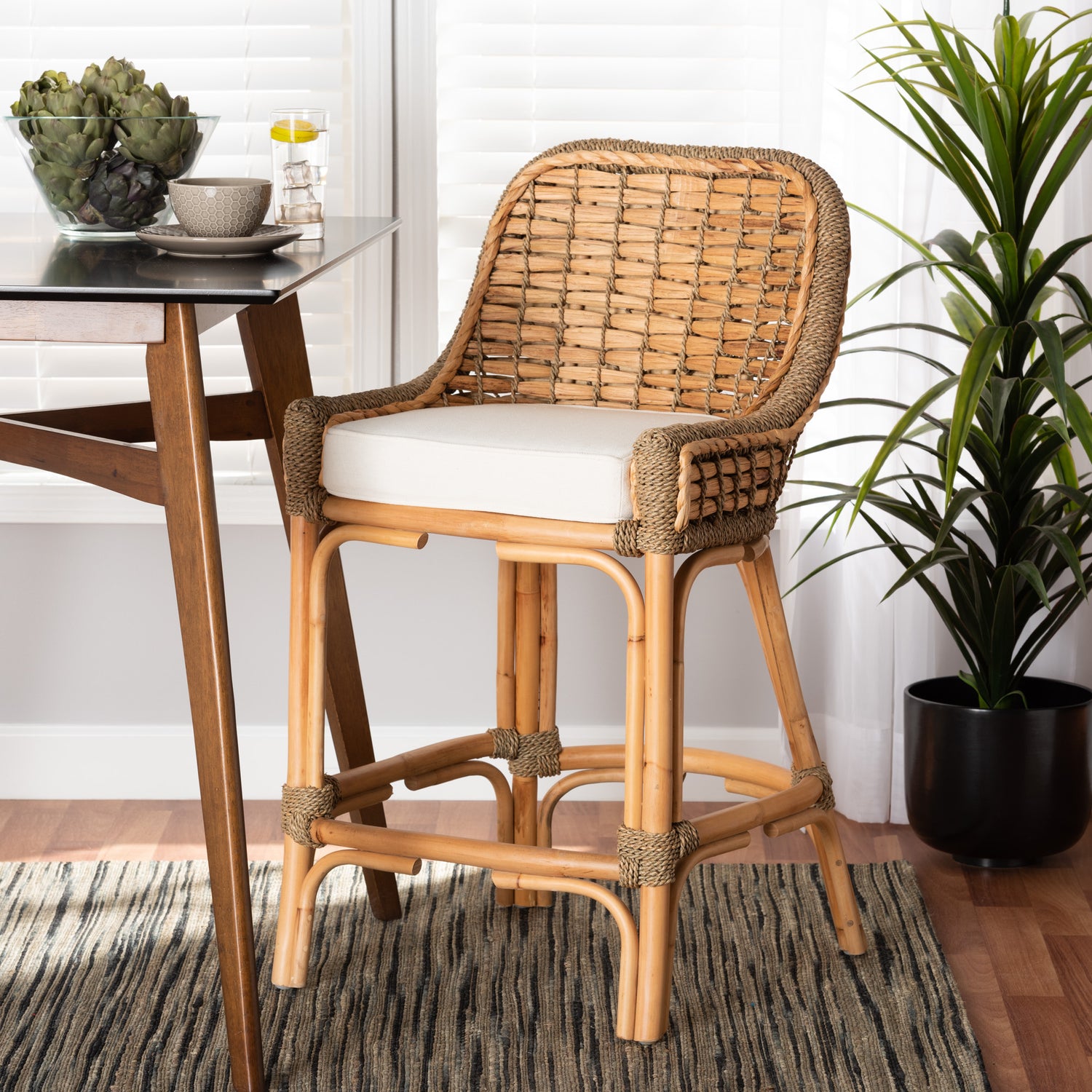 Kyle Modern Bohemian Counter Stool Natural Brown Woven Rattan with Comfortable Cushion for Stylish Seating