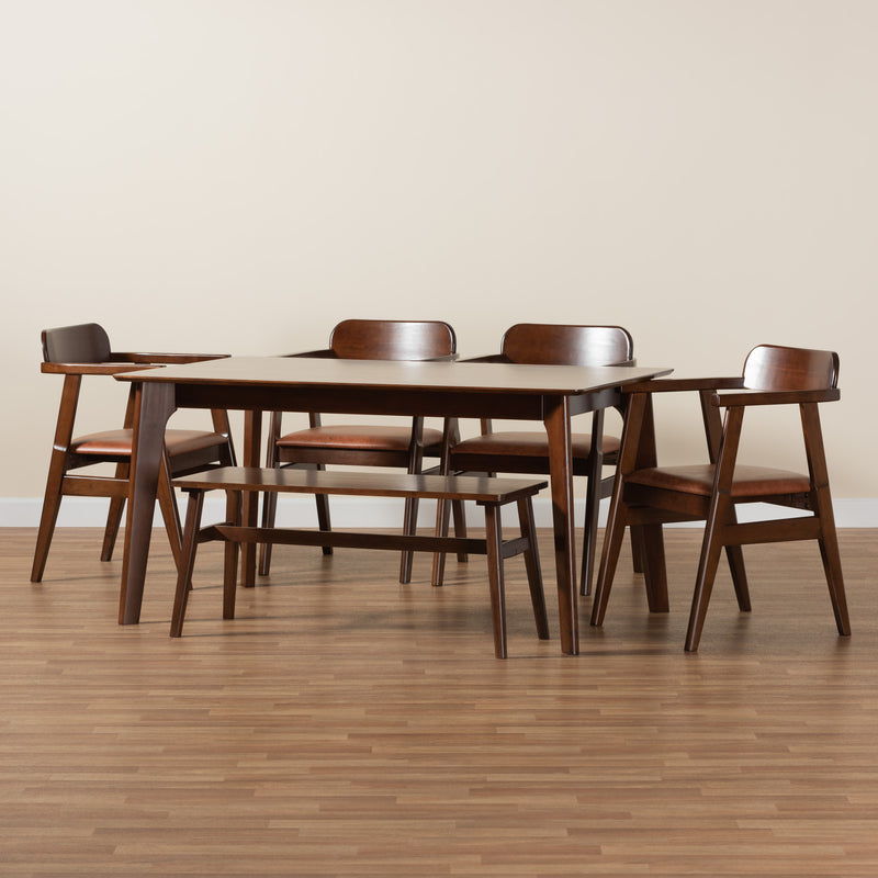 Cleo Dining Set Mid-Century Modern 6-Piece Collection with Light Brown Fabric and Dark Brown Wood for Stylish Dining Rooms