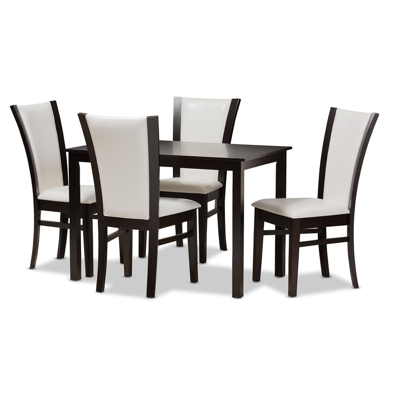 Adley Dining Set Modern 5-Piece Collection with Dark Brown Finish and White Faux Leather Upholstery for Stylish Dining Rooms