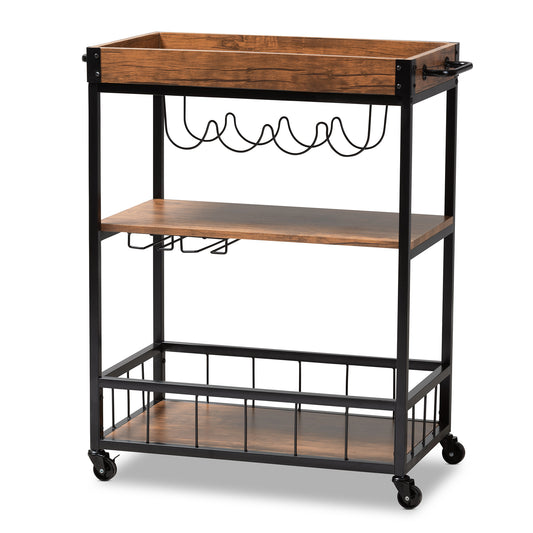 Cerne Mobile Bar Cart Vintage Rustic Industrial Design in Oak Brown and Black with Wine Bottle Rack and Storage