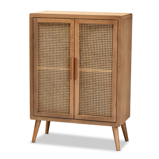 Alina Accent Storage Cabinet Mid-Century Modern Design with Oak Finish and Rattan Doors Stylish 2-Door Wood Storage Solution for Home Decor