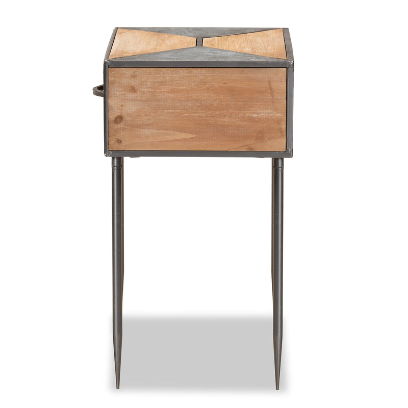 Laurel End Table Rustic Industrial Design with Antique Grey Metal and Whitewashed Oak Wood Featuring 1 Storage Drawer