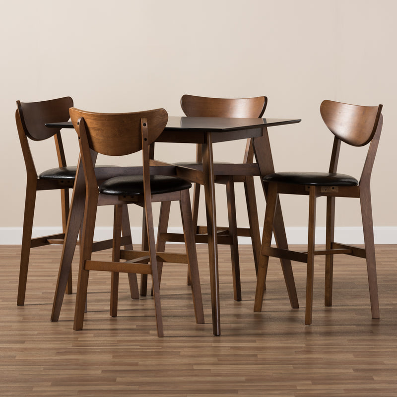 Eline Pub Set Mid-Century Modern 5-Piece Dining Set with Black Faux Leather Upholstery and Walnut Finish