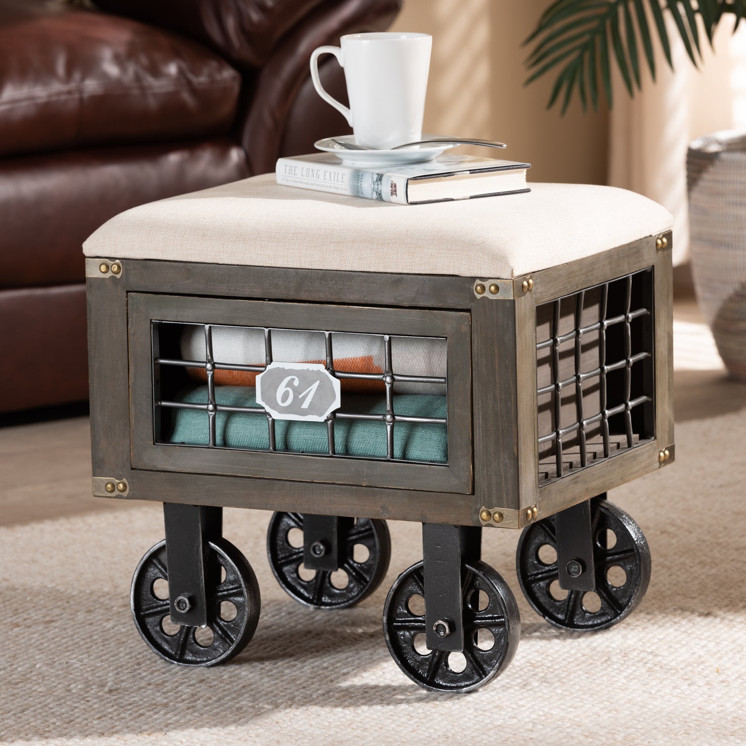 Harley Storage Ottoman - Rustic Farmhouse Design with Beige Fabric, Antique Wood, Black Metal Accents, 1-Drawer, and Wheeled Mobility