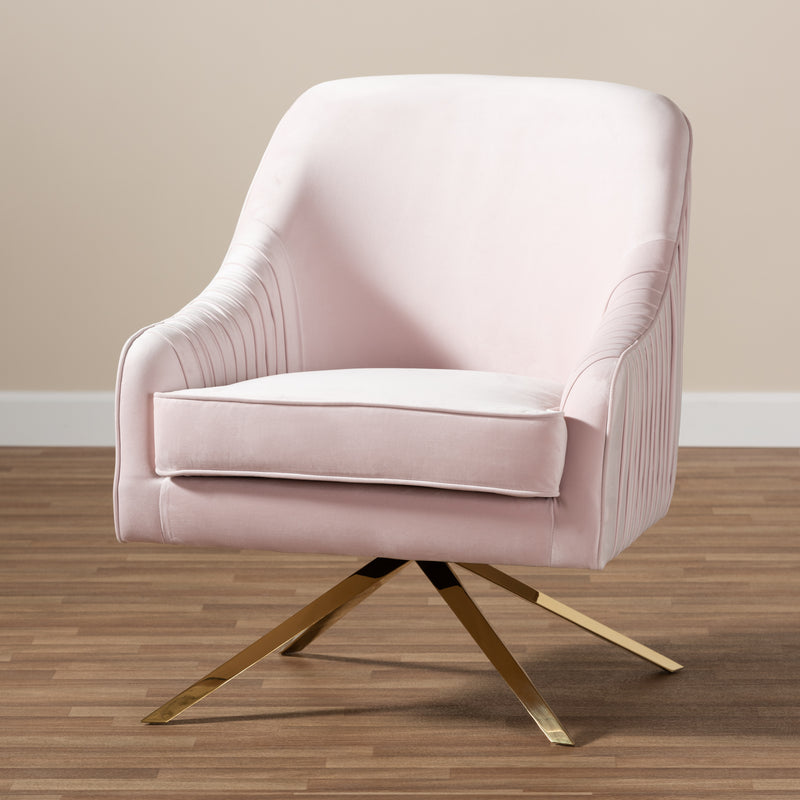 Amaya Luxe Lounge Chair Glamour Light Pink Velvet Upholstered with Gold Base Elegant Accent Chair for Living Room or Bedroom Decor