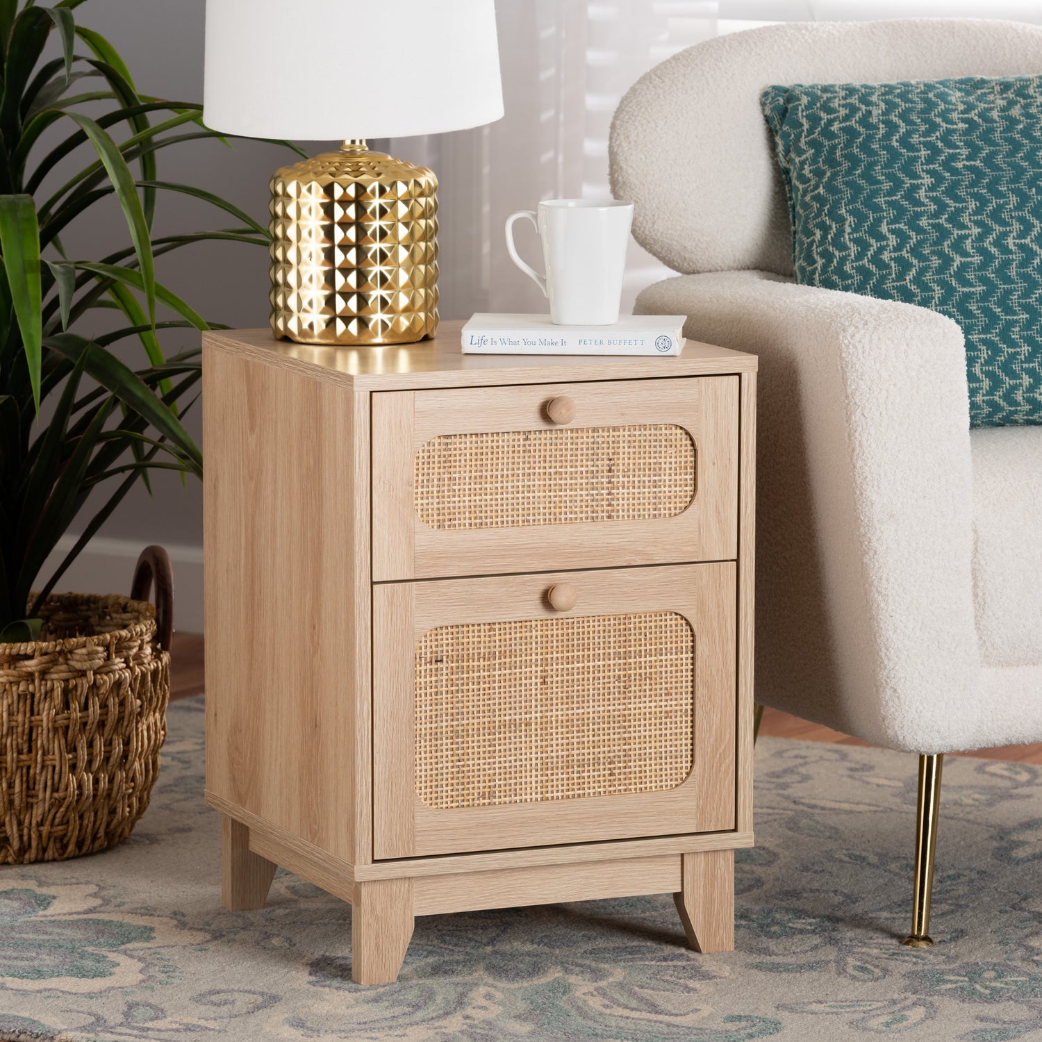 Elsbeth End Table - Mid-Century Modern Light Brown Wood with Natural Rattan and 1 Drawer for Stylish Storage