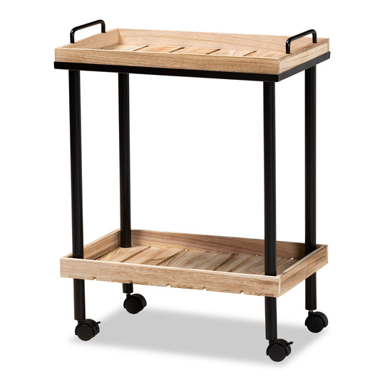 Olinda Kitchen Cart Modern Contemporary Design Oak Brown Finished Wood Black Metal Accents