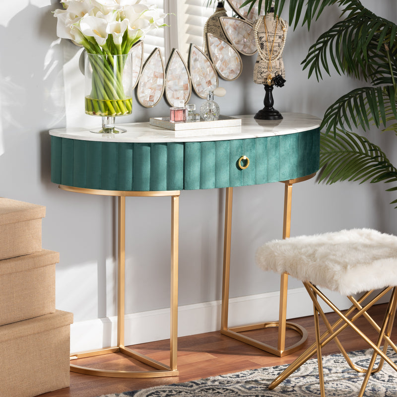 Beale Luxe Console Table Glam Green Velvet Upholstered Design with Brushed Gold Finish and Faux Marble Top, Includes 1 Stylish Storage Drawer