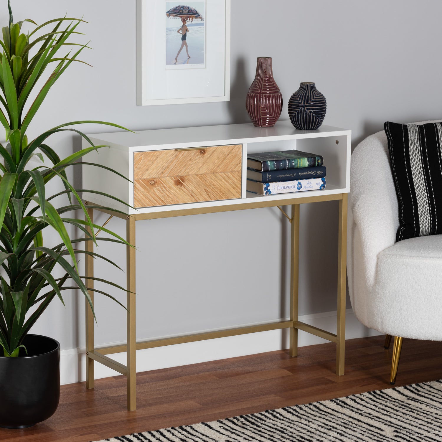 Giona Console Table - Modern Two-Tone Oak Brown and White Wood with Gold Accents, Featuring 1 Storage Drawer