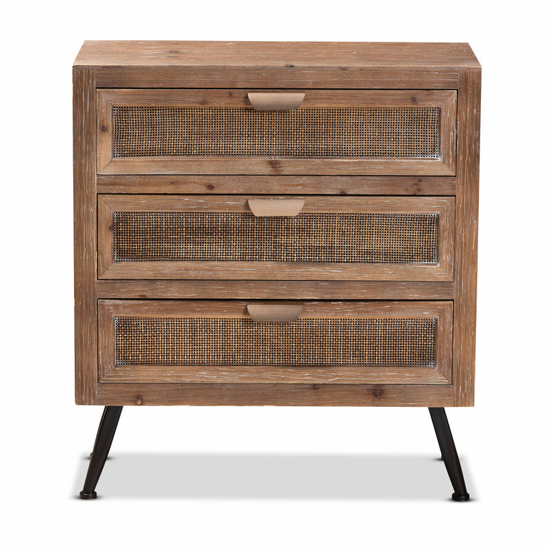 Calida Storage Cabinet Mid-Century Modern Design with Whitewashed Natural Brown Wood and Rattan, Featuring 3 Drawers for Stylish Organization