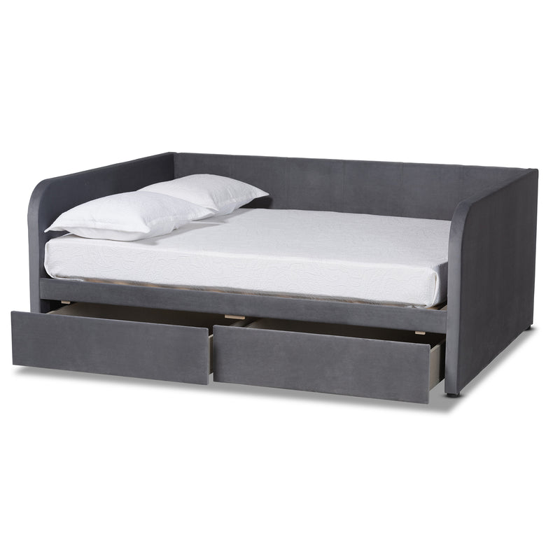 Basanti Full Size Daybed Modern Contemporary Grey Velvet Upholstered with 2 Drawers for Stylish Storage and Comfort