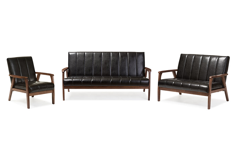 Nikko Living Room Set Mid-century Modern Scandinavian Style Black Faux Leather 3 Pieces