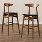 Flora Bar Stool Set of 2 Mid-Century Modern Black Faux Leather Upholstered with Walnut Finish