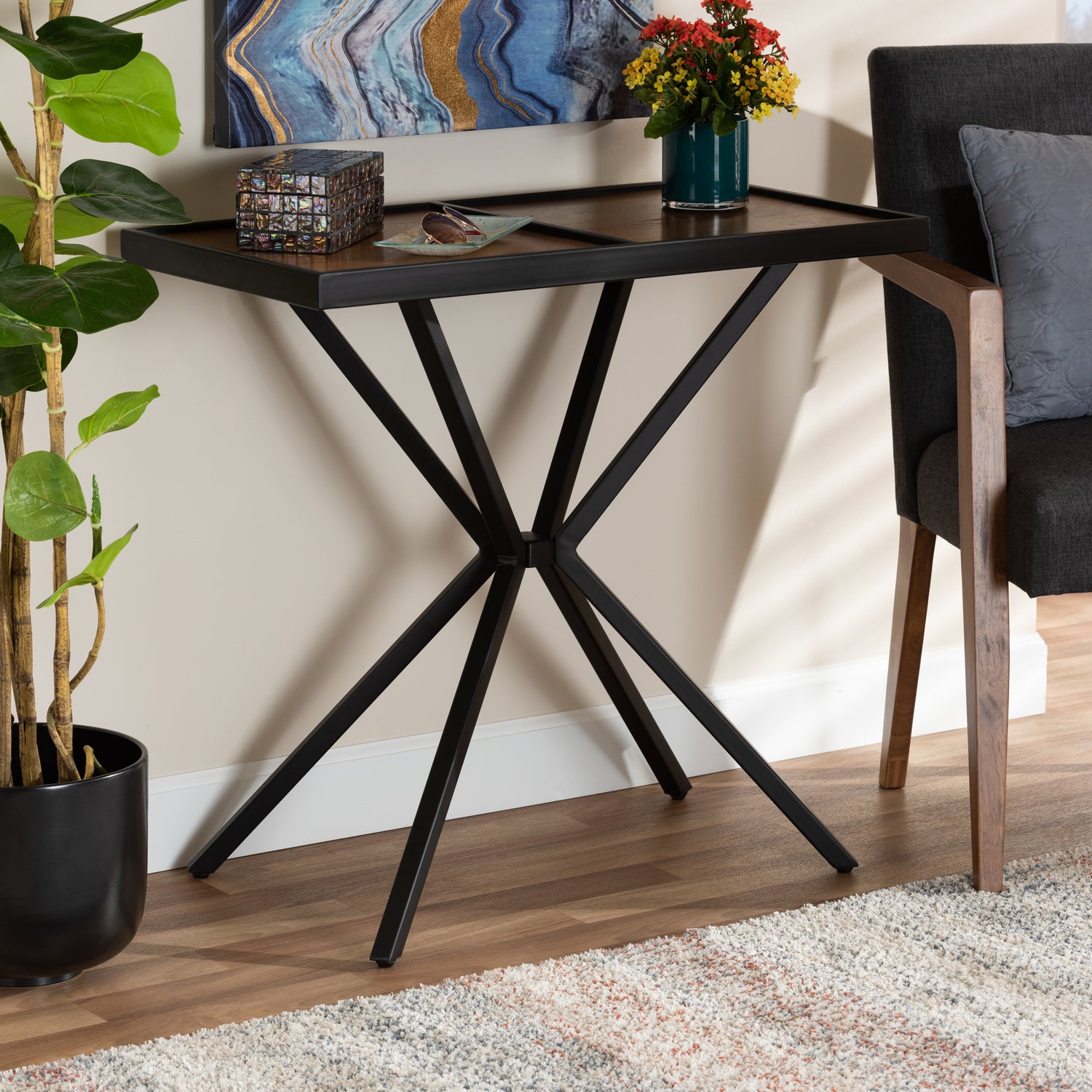 Carlo Console Table Modern and Contemporary Walnut Finished Wood and Black Finished Metal