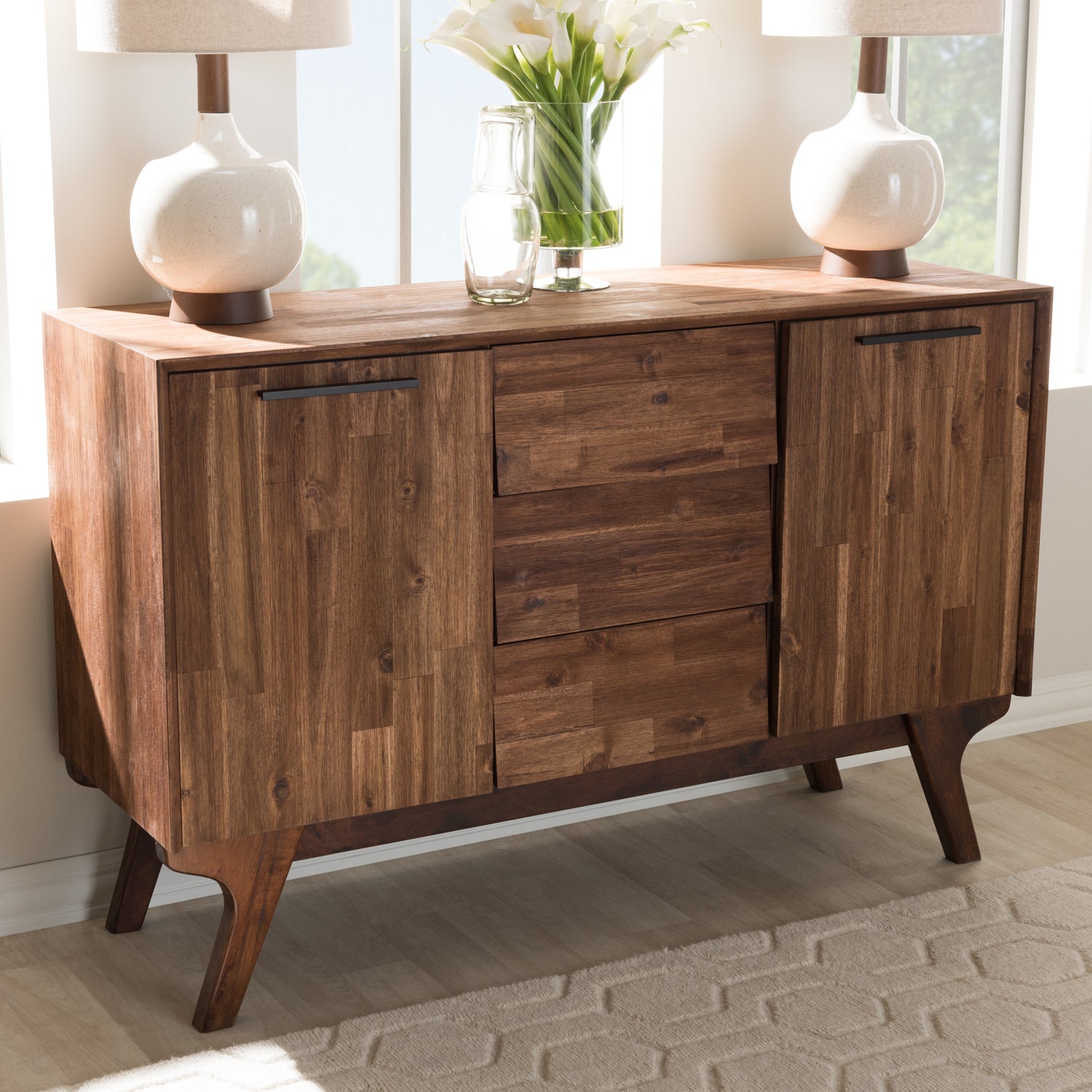 Sierra Sideboard Mid-Century Modern Brown Wood 3-Drawer Storage Cabinet for Living or Dining Room