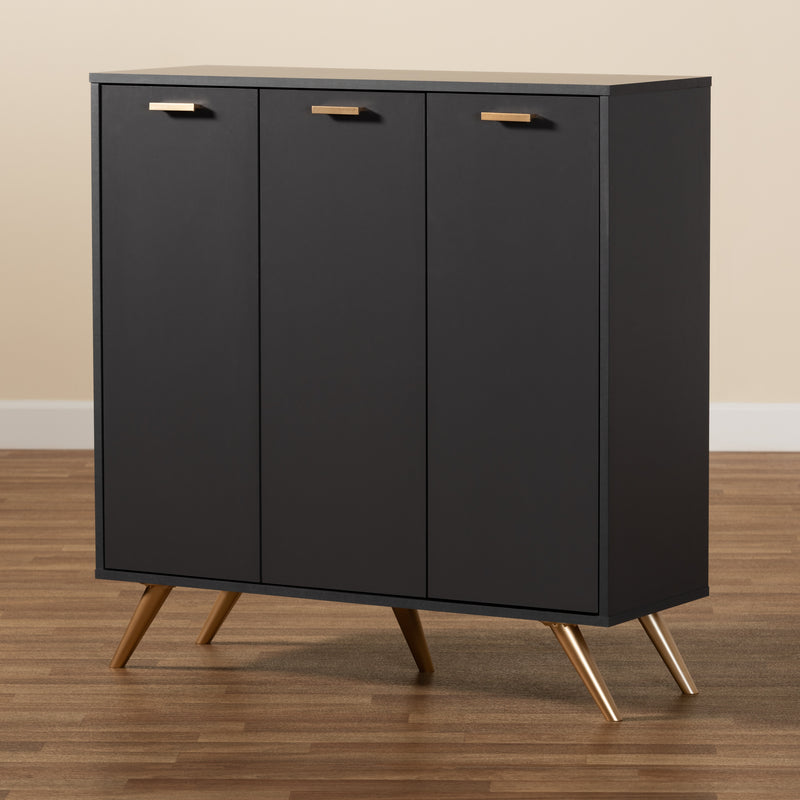 Kelson Shoe Cabinet Modern Dark Grey Wood with Gold Finish 3-Door Storage Solution for Organized Footwear