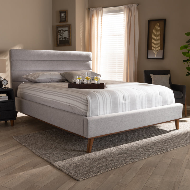 Erlend Platform Bed - Mid-Century Modern Greyish Beige Fabric Upholstered