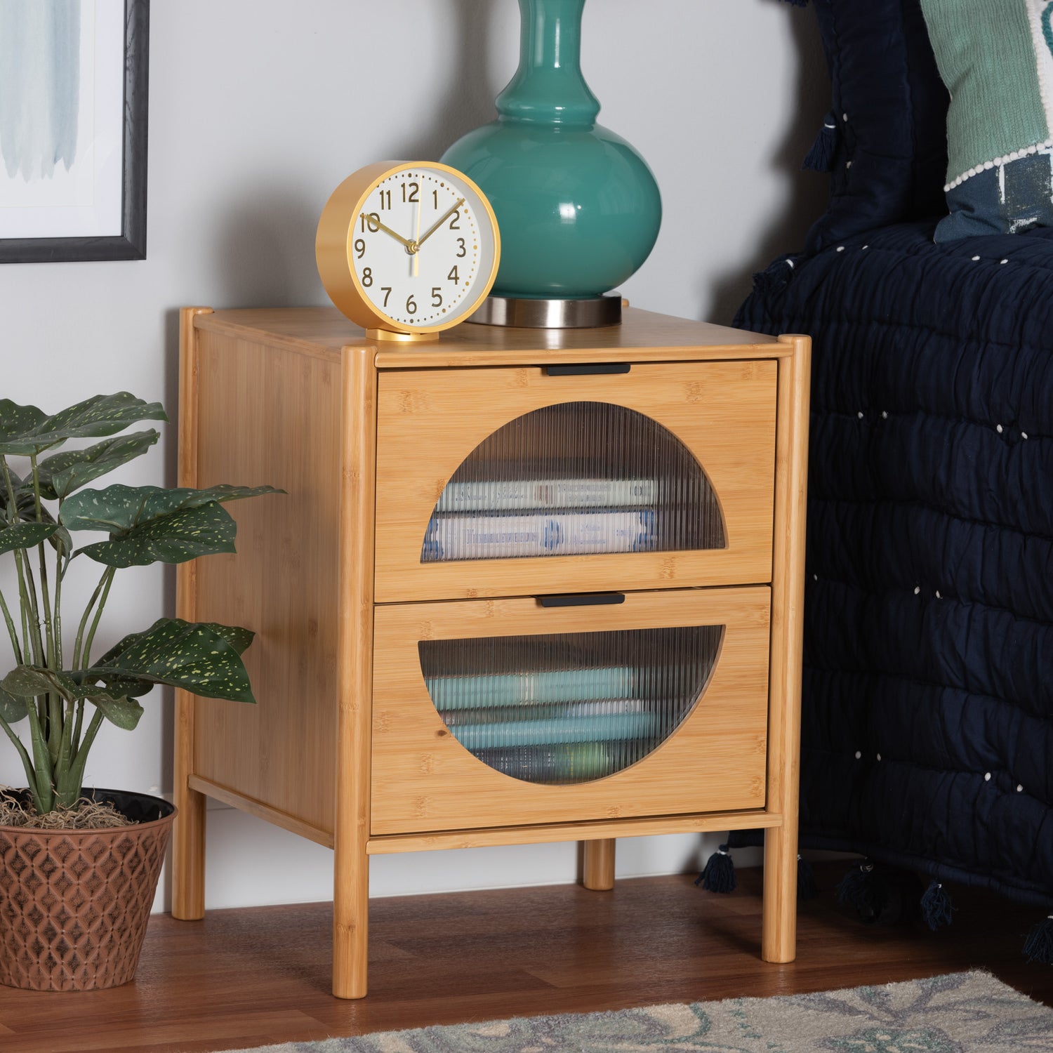 Naresh End Table Mid-Century Modern Design in Natural Brown Bamboo Wood with 2 Drawers for Stylish Storage