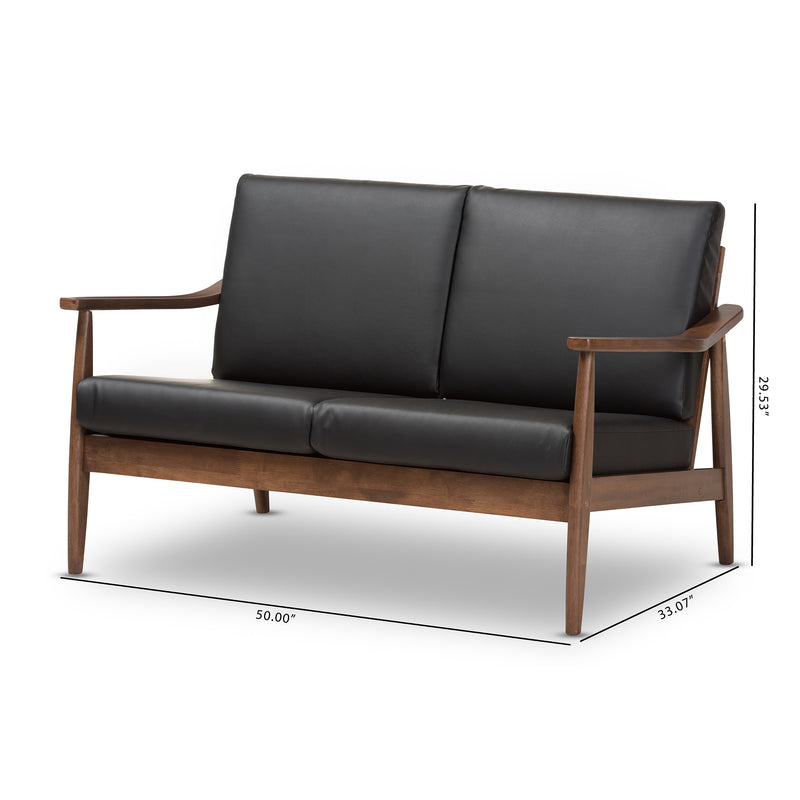 Venza Loveseat Mid-Century Modern Walnut Wood Black Faux Leather 2-Seater