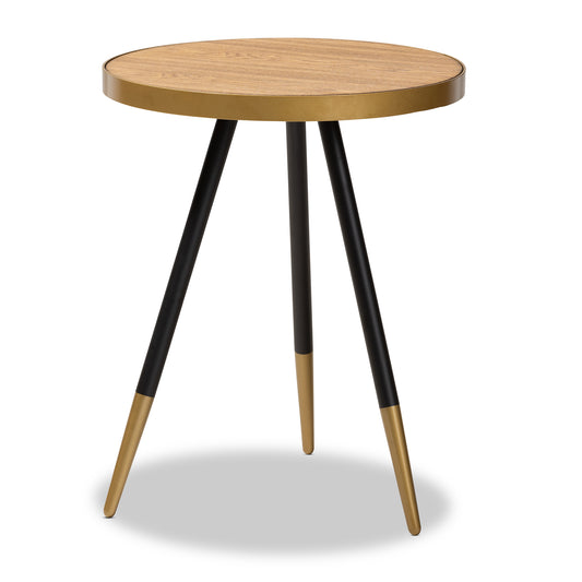 Lauro End Table Modern Round Design in Walnut Wood with Two-Tone Black and Gold Metal Legs