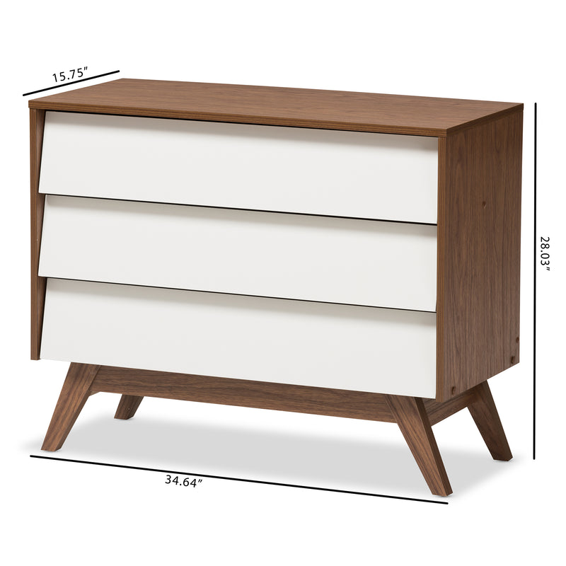 Hildon Mid-Century Modern 3-Drawer Storage Chest in White and Walnut for Stylish Organization and Home Décor