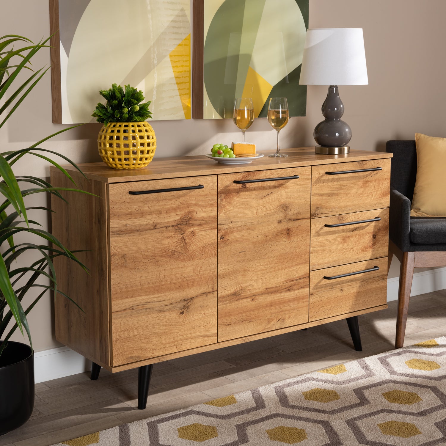 Radley Sideboard Modern Contemporary Oak Brown Finished Wood 3-Drawer Buffet for Dining Room Storage and Organization