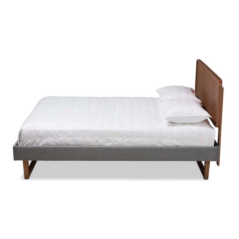 Ayla Platform Bed - Mid-Century Modern Dark Grey Fabric Upholstered Walnut Brown Finished Wood