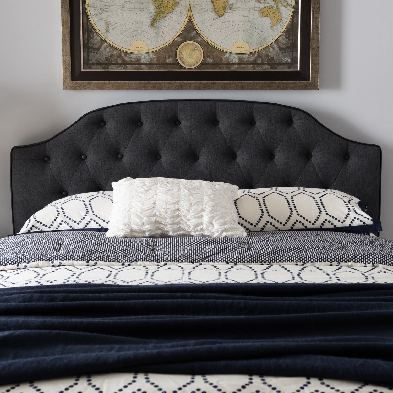 Windsor Queen Size Headboard Modern Dark Grey Fabric Upholstered with Scalloped Button Design and Tufting