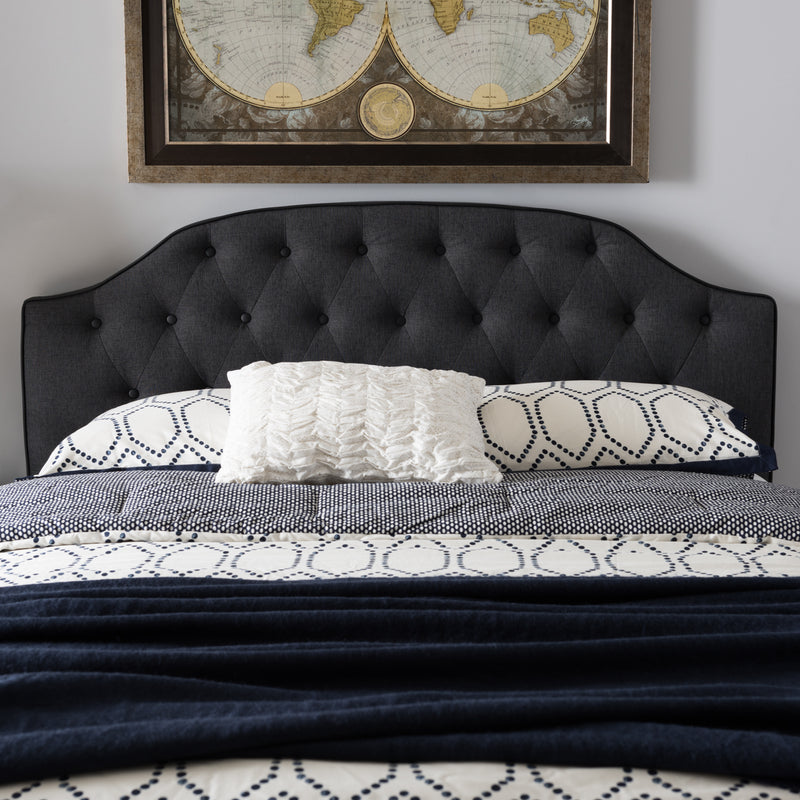 Windsor Queen Size Headboard Modern Dark Grey Fabric Upholstered with Scalloped Button Design and Tufting