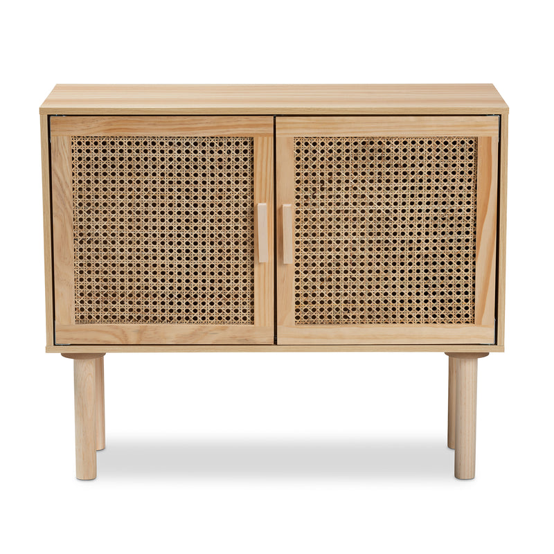 Maclean Mid-Century Modern Sideboard Buffet with Rattan and Natural Brown Wood, Stylish Storage for Dining or Living Room