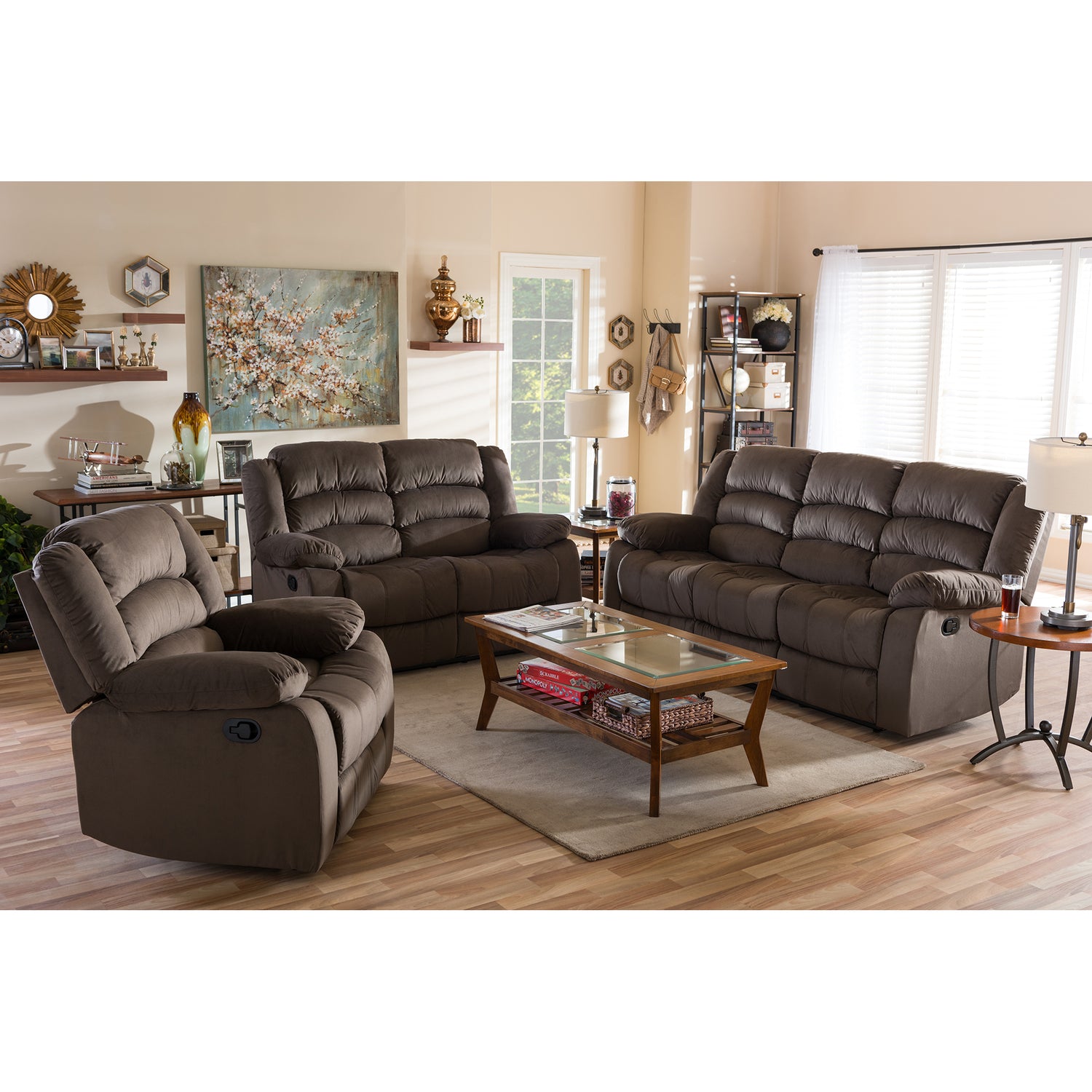 Hollace Modern Sofa Loveseat and Chair Set in Taupe Microsuede with 5 Recliners - Stylish Living Room Furniture