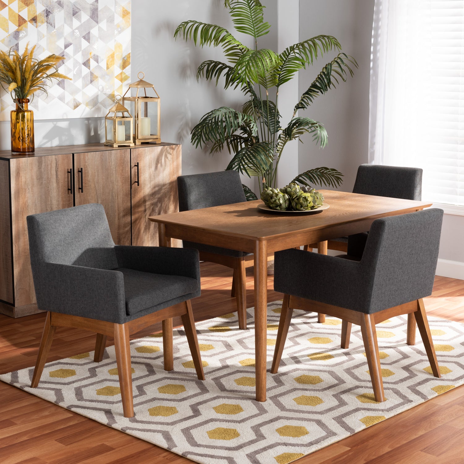 Dorina Dining Set Mid-Century Modern Dark Grey Fabric Upholstered Walnut Brown Finished Wood 5-Piece