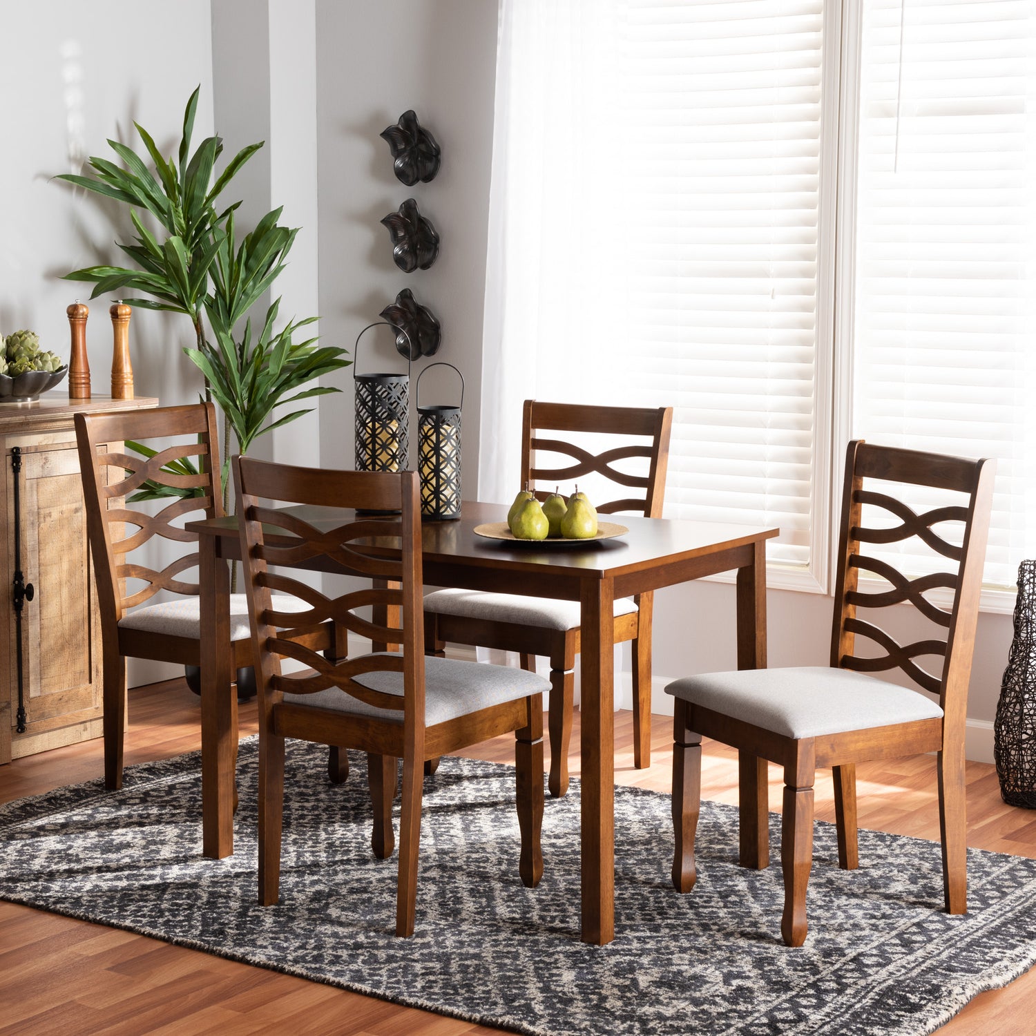 Mirna 5-Piece Dining Set - Modern Grey Fabric Chairs with Walnut Brown Finished Wood Table