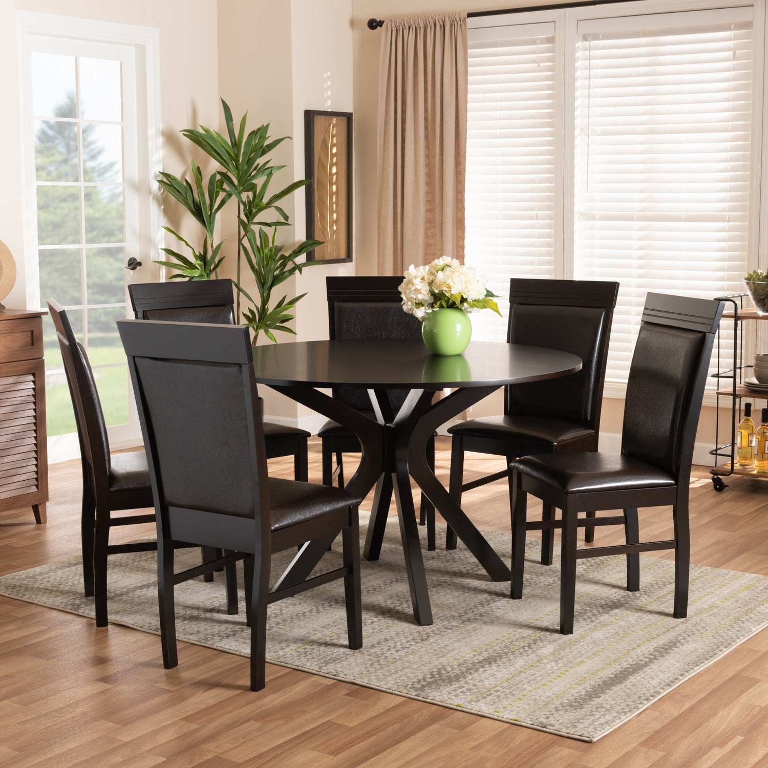 Jeane 7-Piece Dining Set Modern Dark Brown Faux Leather Chairs with Dark Brown Finished Wood Table