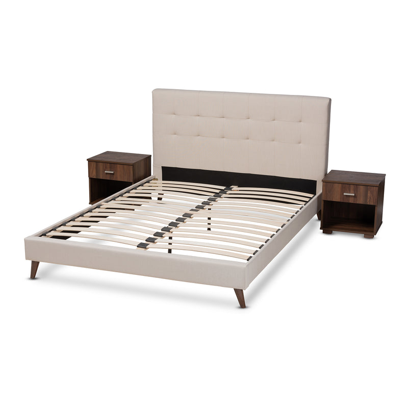 Maren Mid-Century Modern Platform Bed with Two Nightstands - Beige Fabric Upholstered