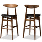 Flora Bar Stool Set of 2 Mid-Century Modern Black Faux Leather Upholstered with Walnut Finish