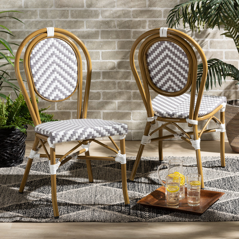 Alaire Outdoor Dining Chair Set Classic French Black and White Weaving and Dark Brown Metal 2-Piece