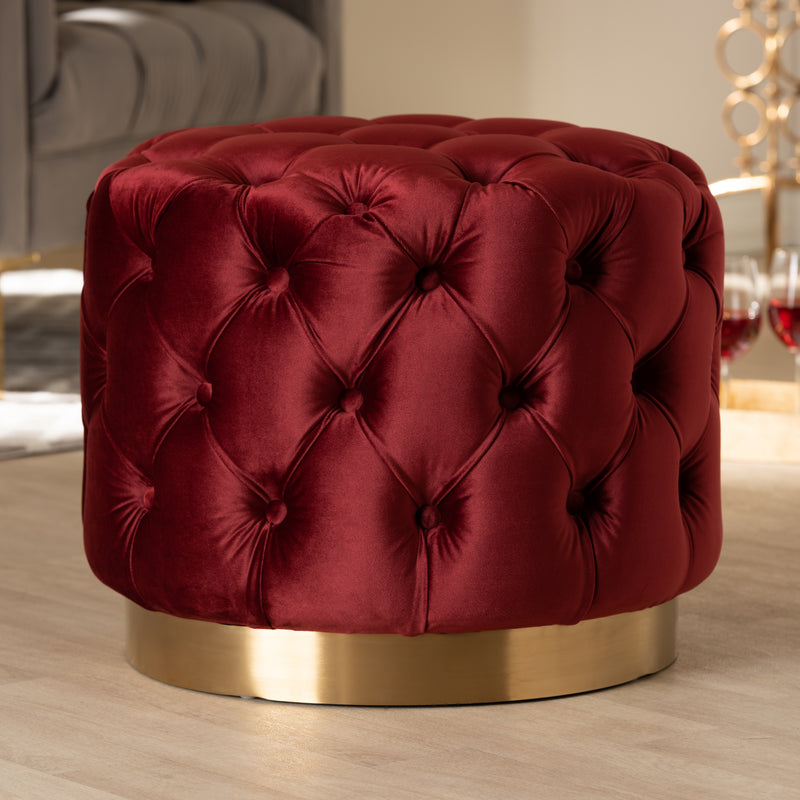 Valeria Ottoman Burgundy Red Velvet Fabric Upholstered Gold-Finished Button Tufted