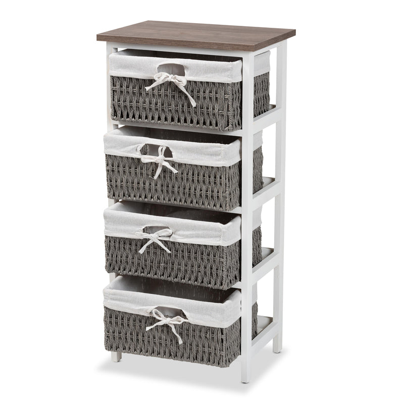 Terena Storage Unit - Modern Two-Tone Walnut Brown and White Wood with 4 Baskets for Organized Living and Stylish Décor