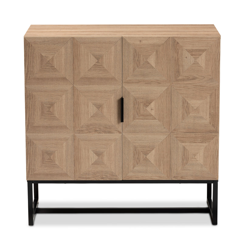 Darien Storage Cabinet Modern Contemporary Design Natural Brown Wood Black Metal 2 Doors for Stylish Organization