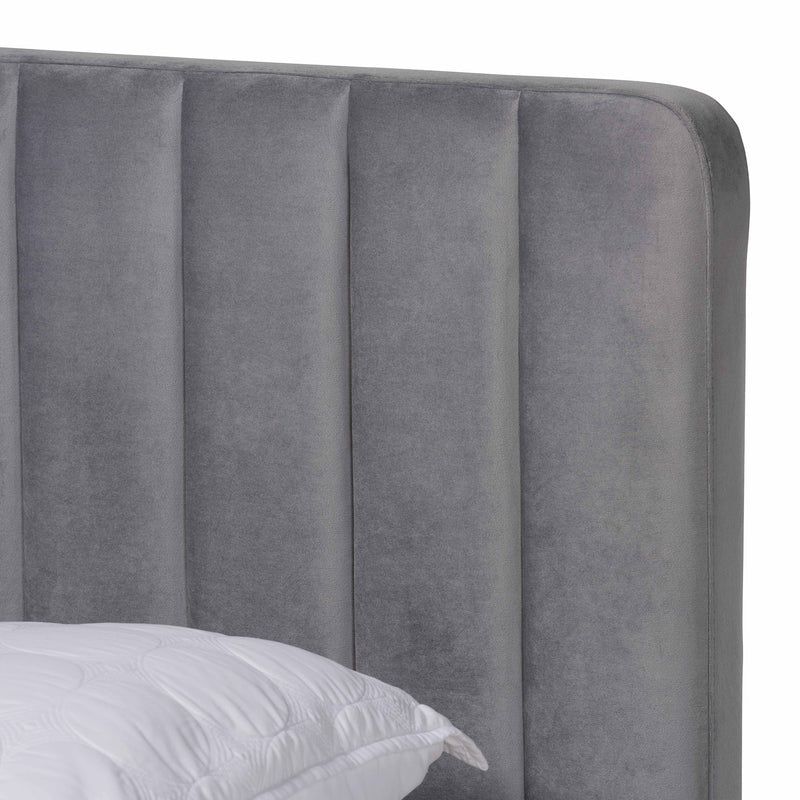 Nami Platform Bed - Modern Contemporary Glam and Luxe Light Grey Velvet Fabric Upholstered with Gold Finish