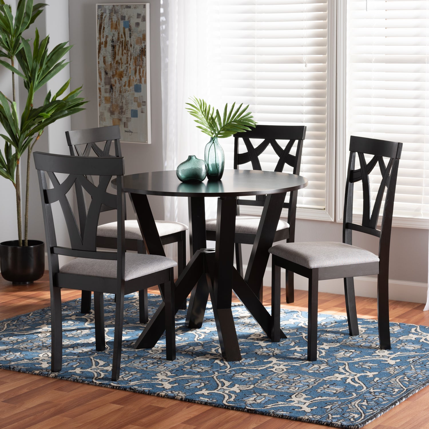 Branca 5-Piece Dining Set - Modern Grey Fabric Chairs with Dark Brown Finished Wood Table