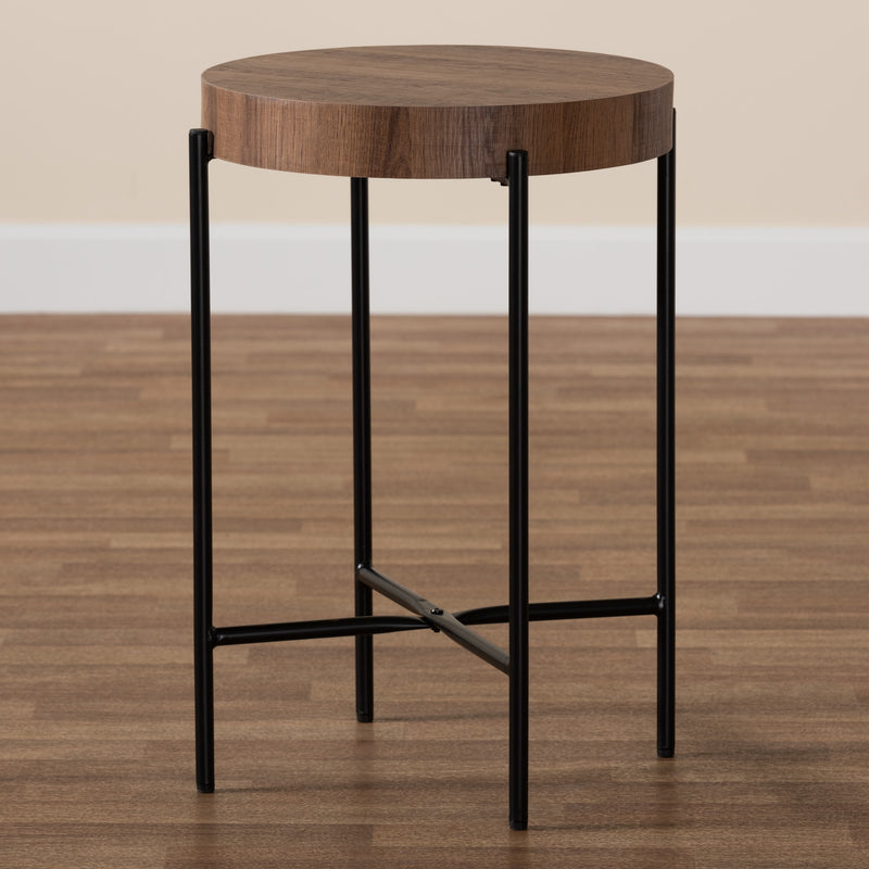 Savion End Table Modern Industrial Design with Walnut Brown Wood and Black Metal Accents